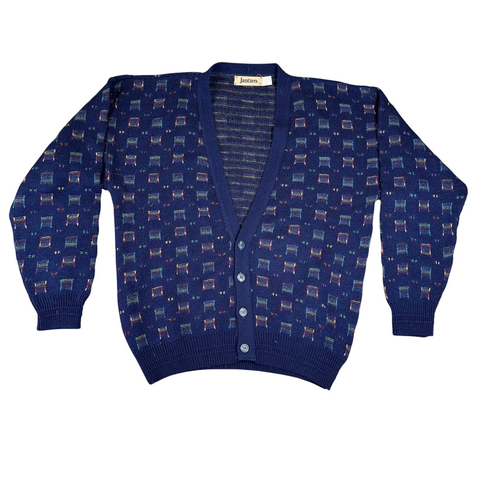 Vintage Jantzen Cardigan Sweater Mens XL Navy Blue Geometric Acrylic V-Neck